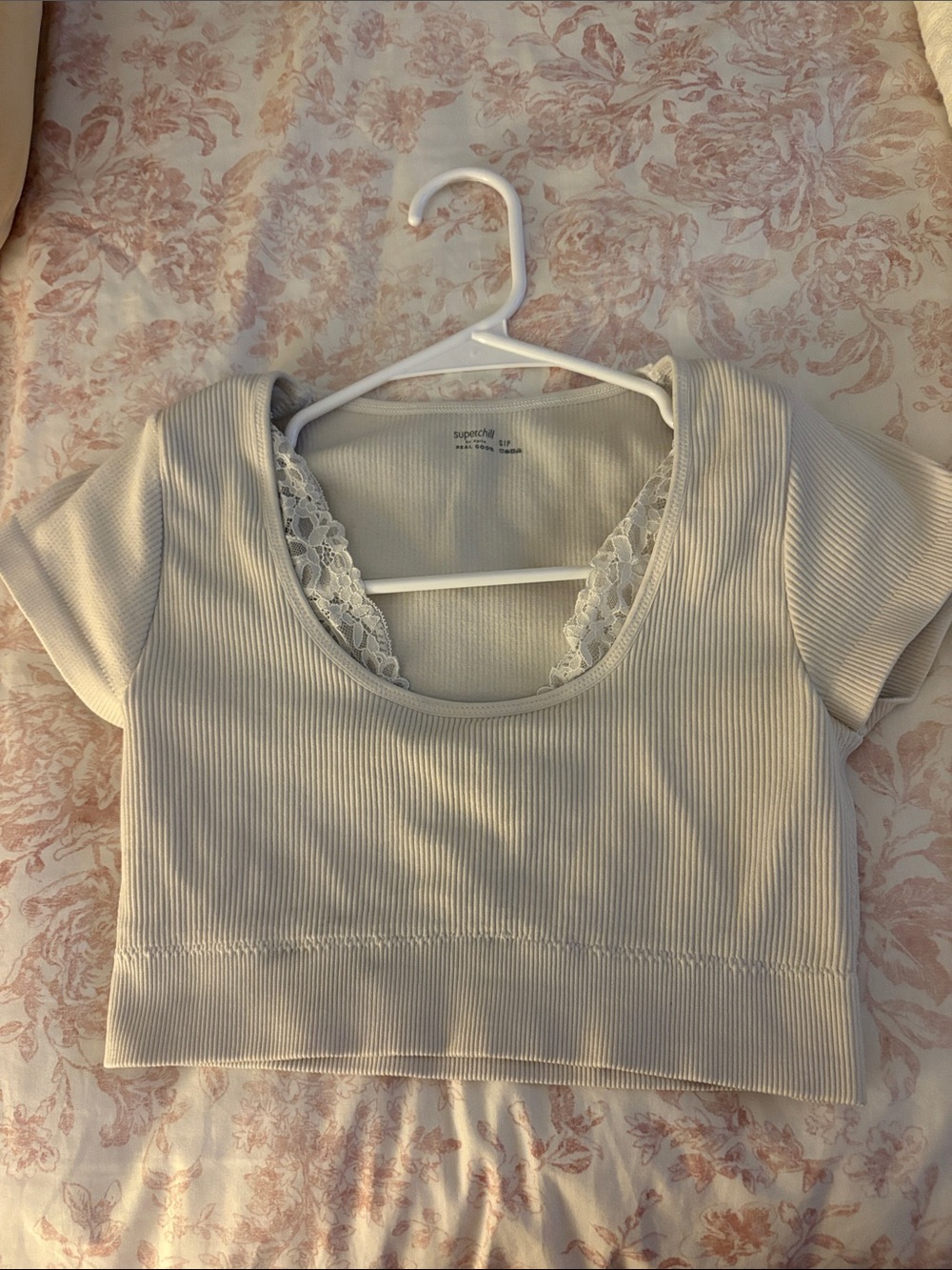 aerie Cream Ribbed Lace-Trim Crop Top